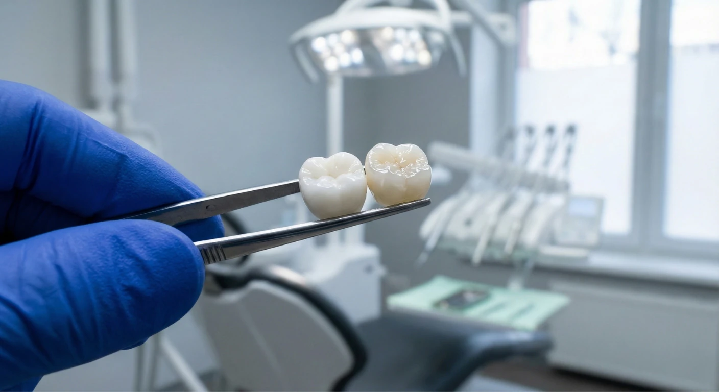 Close-up view of a dentist's gloved hand holding two ceramic dental crowns with tweezers in a dental clinic setting.