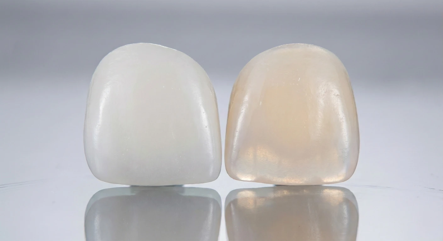 Photo macro montrant la différence de translucidité entre une couronne en zircone (opaque) et une couronne E-max (translucide) posées sur une surface réfléchissante