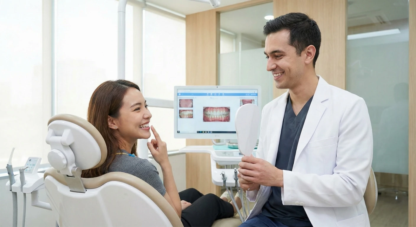 Un patient heureux montrant son nouveau sourire naturel aux côtés de son dentiste dans une clinique moderne, après la pose de couronnes en Zircone ou E-max.