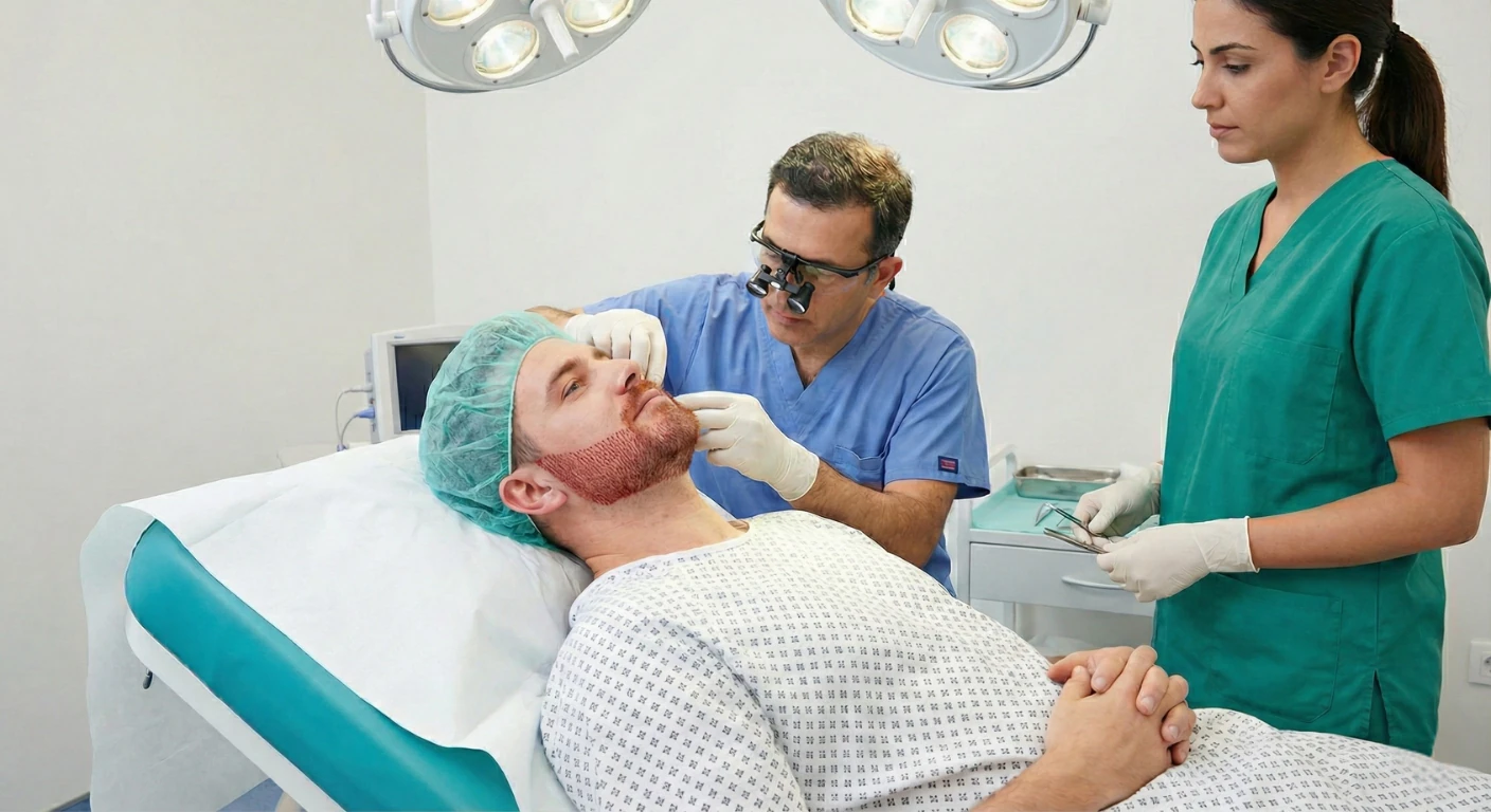 Relaxed patient undergoing a high-density beard transplant procedure performed by the medical team at Renaissance Clinique.