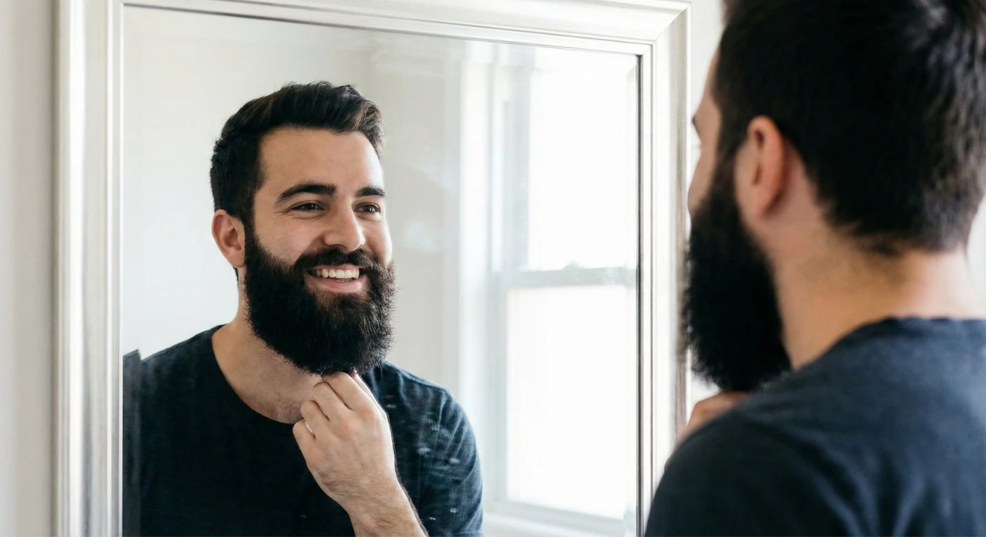 oung man smiling confidently at his reflection with a thick, well-groomed beard after a transplant at Renaissance Clinique.