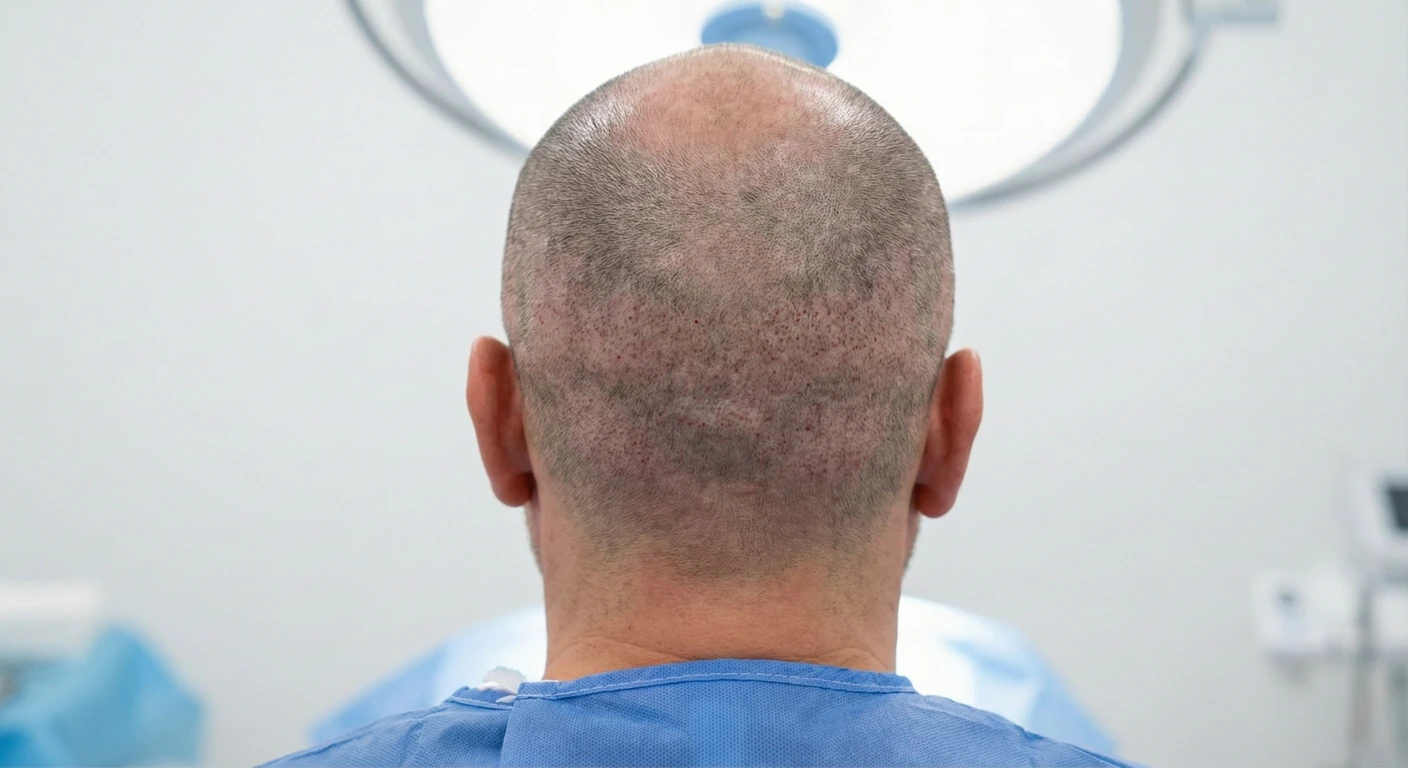 Vue arrière de la tête d'un patient montrant la zone donneuse rasée avec de minuscules micro-cicatrices rouges immédiatement après une extraction FUE à la Renaissance Clinique. Absence de cicatrice linéaire.