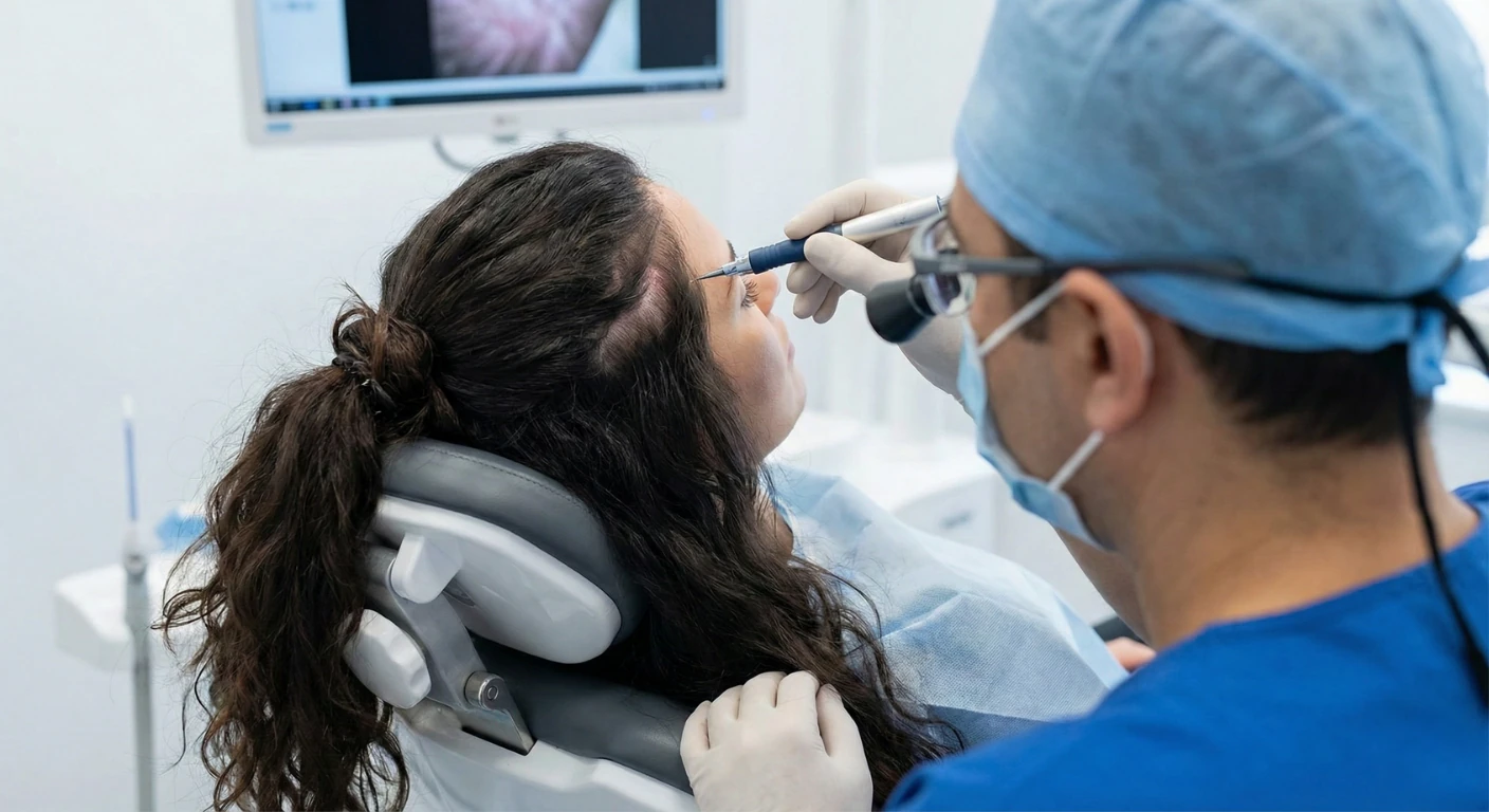 Greffe de cheveux DHI sans rasage sur une patiente aux cheveux longs utilisant un stylo Choi à la Renaissance Clinique.