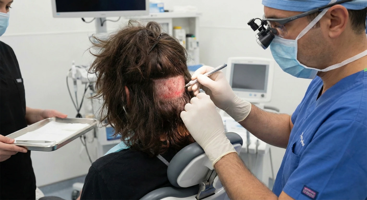 Extraction de greffons FUE sur une zone donneuse rasée (fenêtre) dissimulée sous les cheveux mi-longs d'un patient masculin à la Renaissance Clinique.