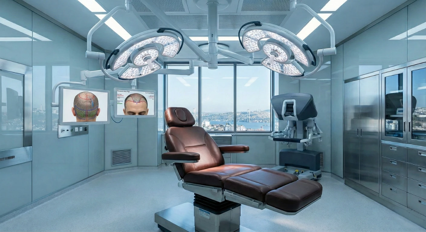 Salle d'opération moderne et stérile de la Renaissance Clinique à Istanbul, équipée d'un fauteuil chirurgical en cuir, d'éclairages avancés et d'écrans affichant une analyse capillaire pour la greffe de cheveux.