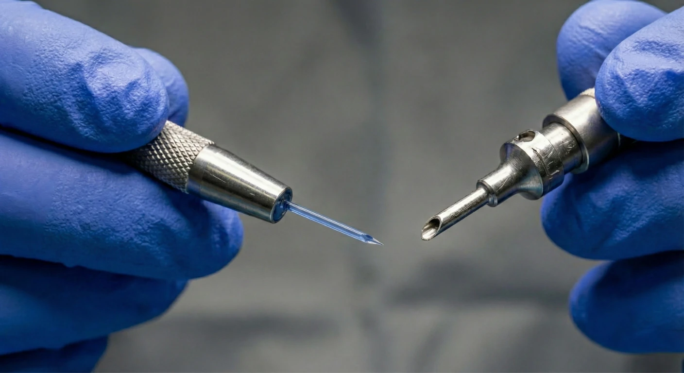 Gros plan macro montrant les mains gantées d'un chirurgien tenant une lame de saphir et un stylo implanteur Choi, des instruments de précision utilisés pour la greffe de cheveux à la Renaissance Clinique.