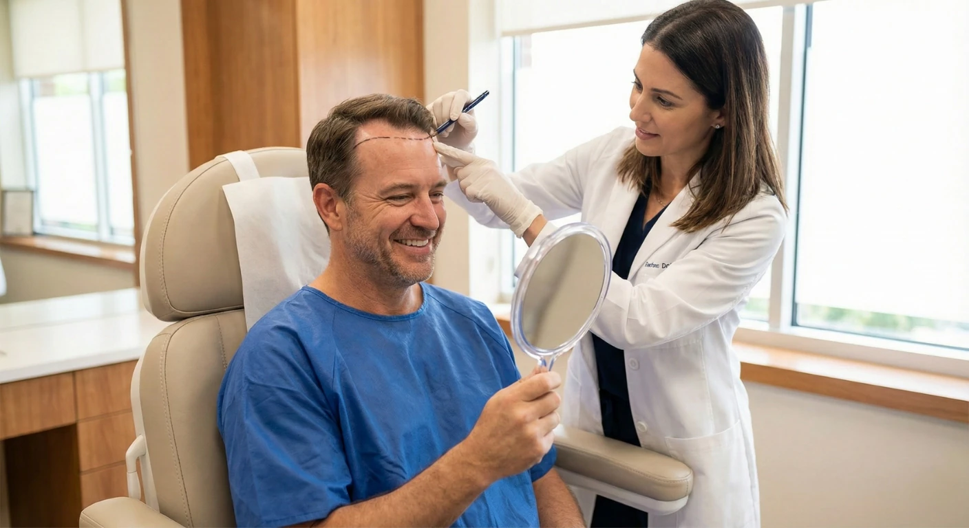 Un patient masculin assis confortablement regardant avec satisfaction dans un miroir pendant qu'un médecin lui montre le tracé de sa nouvelle ligne frontale à la Renaissance Clinique à Istanbul.