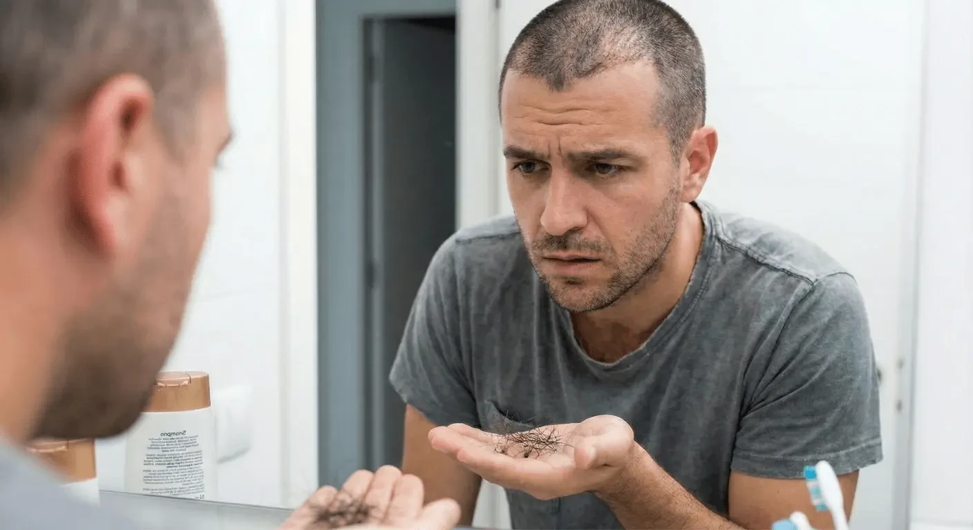 Patient inquiet observant la chute de cheveux (shock loss) dans sa main face au miroir après une greffe capillaire chez Renaissance Clinique.
