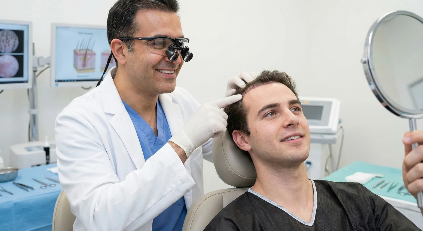 Chirurgien de Renaissance Clinique examinant le cuir chevelu d'un patient et le rassurant lors d'une consultation de contrôle post-greffe.