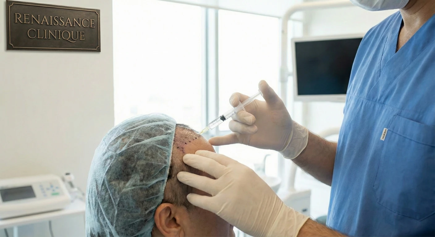 Médecin appliquant une anesthésie locale sur le cuir chevelu d'un patient avant une opération de greffe de cheveux à la Renaissance Clinique.