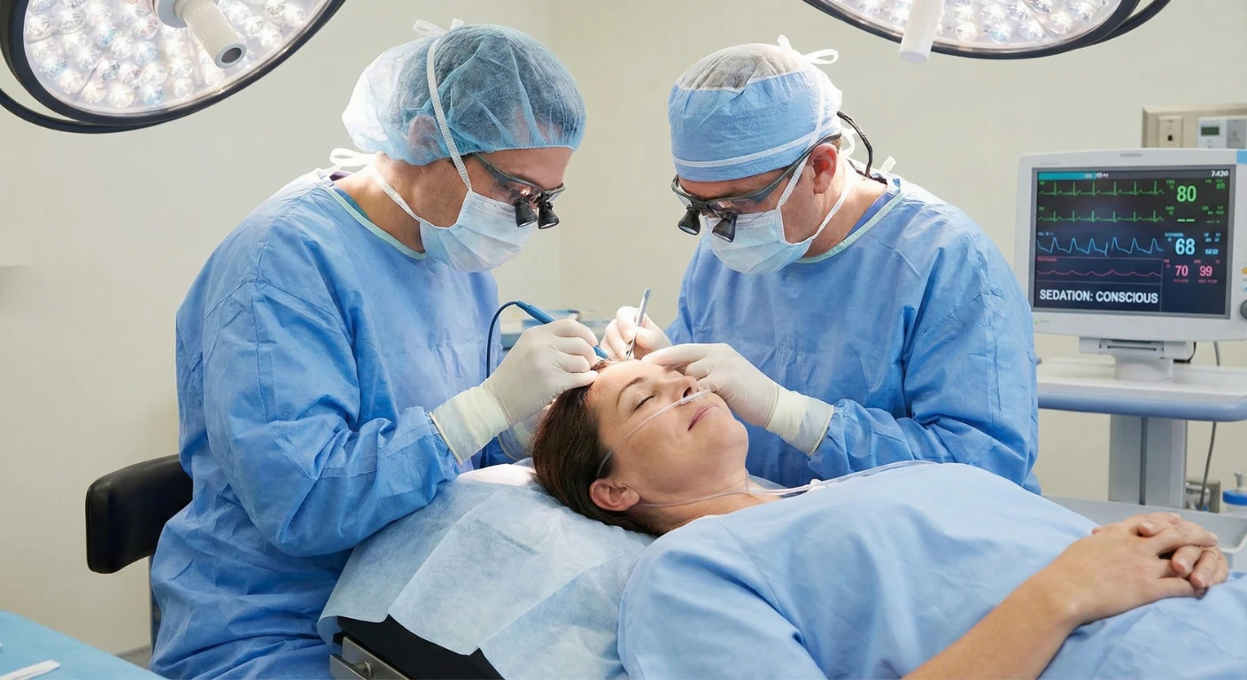 Patient détendu et sous sédation consciente pendant une intervention de greffe de cheveux réalisée par deux chirurgiens à la Renaissance Clinique.