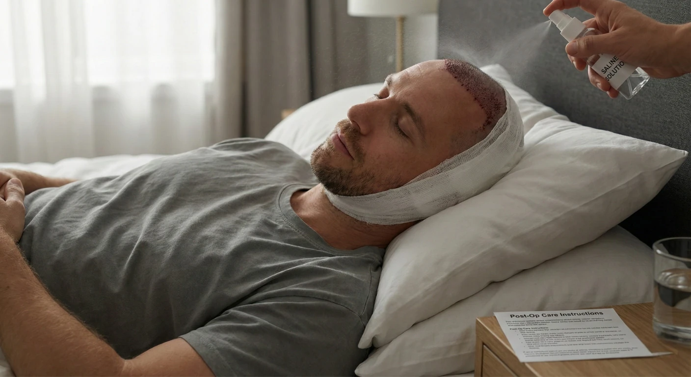 Un patient se reposant la tête surélevée le premier jour après une greffe de cheveux. Il porte un bandage sur la zone donneuse et reçoit une brumisation de solution saline pour maintenir les greffons hydratés.