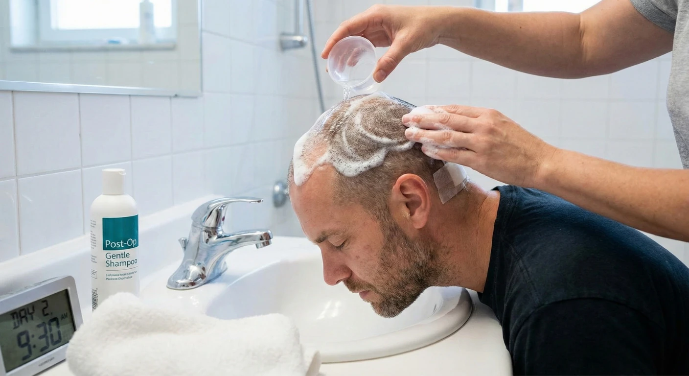 Un patient effectue son premier lavage de cheveux au deuxième jour après une greffe capillaire. On voit une couche de mousse au panthénol sur la zone transplantée pour ramollir les croûtes, illustrant une technique de rinçage délicate sans frottement.