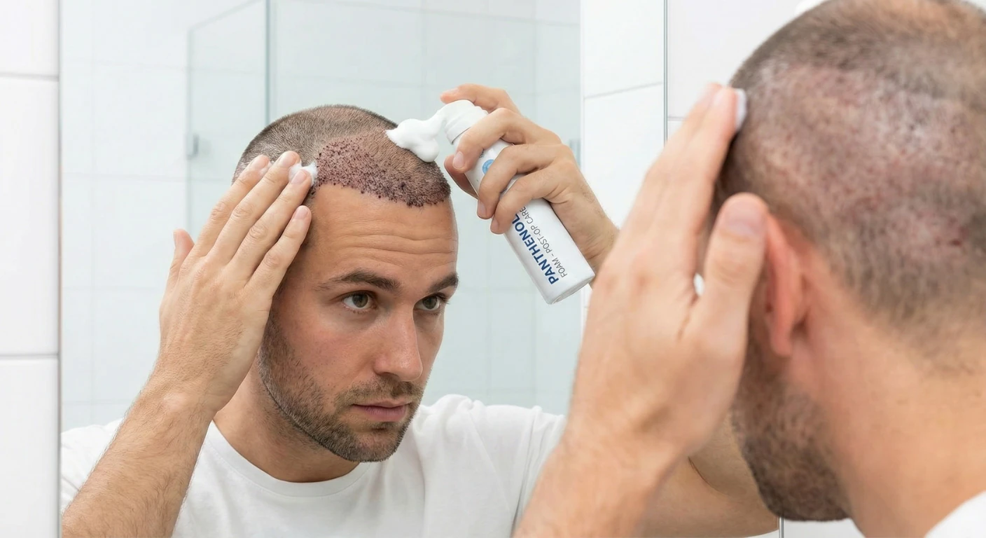Un patient regarde dans le miroir de la salle de bain et applique délicatement, du bout des doigts, de la mousse au panthénol sur la zone receveuse de sa greffe de cheveux, où des petites croûtes sont visibles. L'étiquette du produit indique "PANTHENOL FOAM - POST-OP CARE"