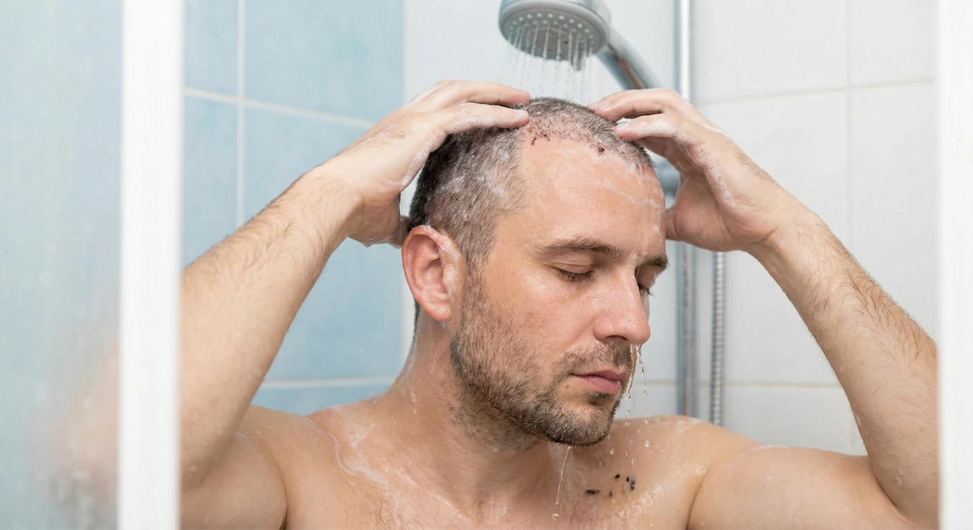Un homme sous la douche, environ 10 jours après une greffe de cheveux, massant délicatement son cuir chevelu moussu avec la pulpe des doigts. On distingue quelques petites croûtes restantes parmi les nouveaux cheveux, sous un jet d'eau à faible pression.