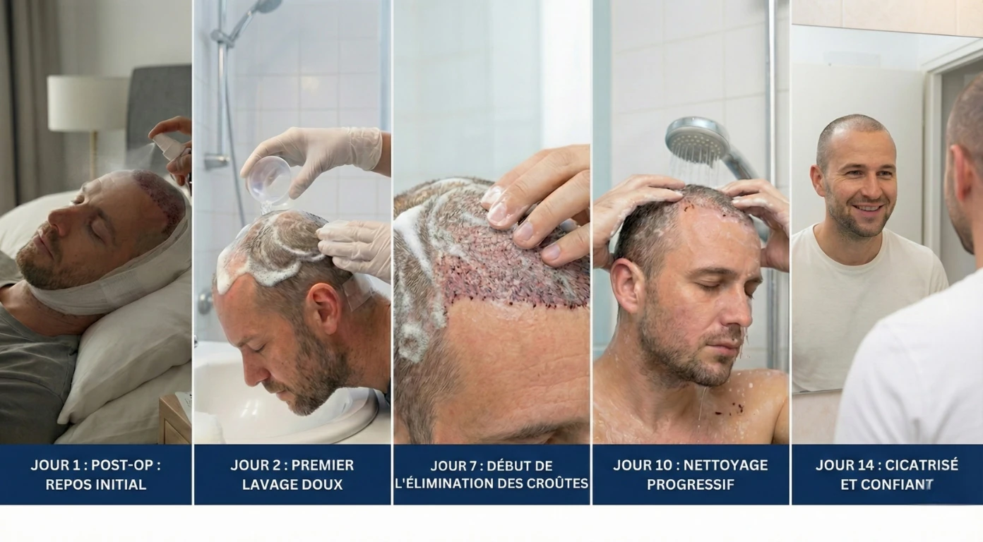 Chronologie visuelle des 14 premiers jours après une greffe de cheveux à la Renaissance Clinique : Repos (Jour 1), Premier lavage (Jour 2), Élimination des croûtes (Jour 7), Nettoyage (Jour 10) et Résultat cicatrisé face au miroir (Jour 14).