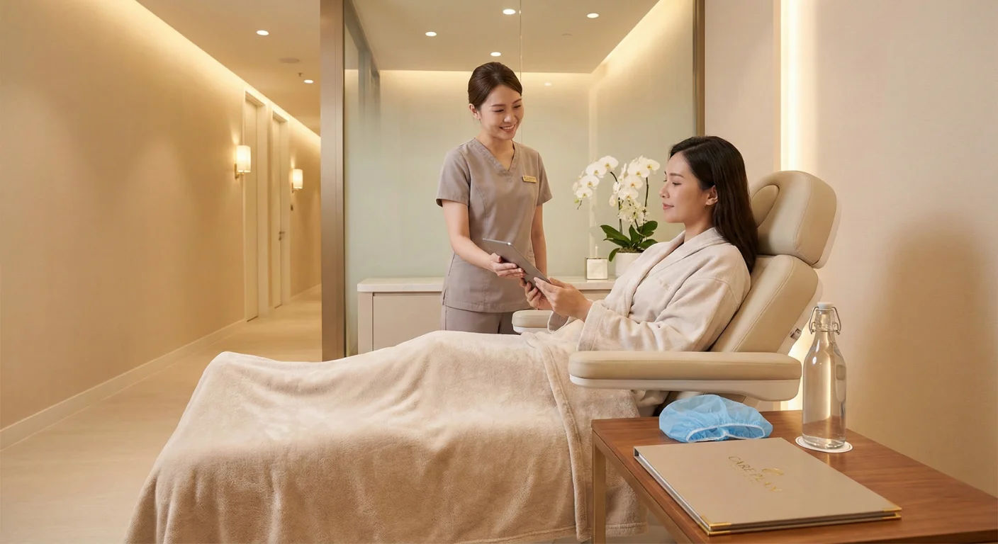 Patiente détendue installée confortablement dans une suite privée d'une clinique de luxe, recevant une tablette d'une infirmière souriante pour son enregistrement.