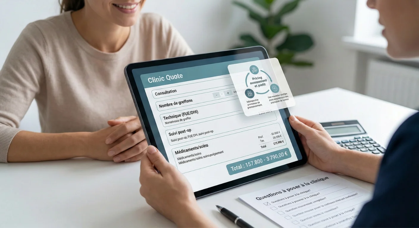 Coordinatrice de clinique expliquant les détails d'un devis de greffe de cheveux sur tablette à une patiente, avec une calculatrice et une liste de questions de vérification.