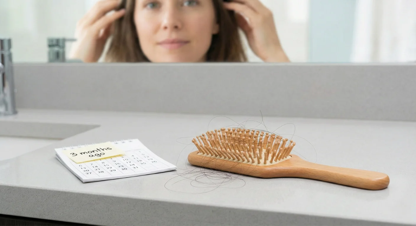 Gros plan sur une brosse à cheveux en bois avec des cheveux emmêlés et un petit calendrier marqué 3 months ago sur un comptoir de salle de bain. Une femme touche ses cheveux dans le reflet flou du miroir en arrière-plan.