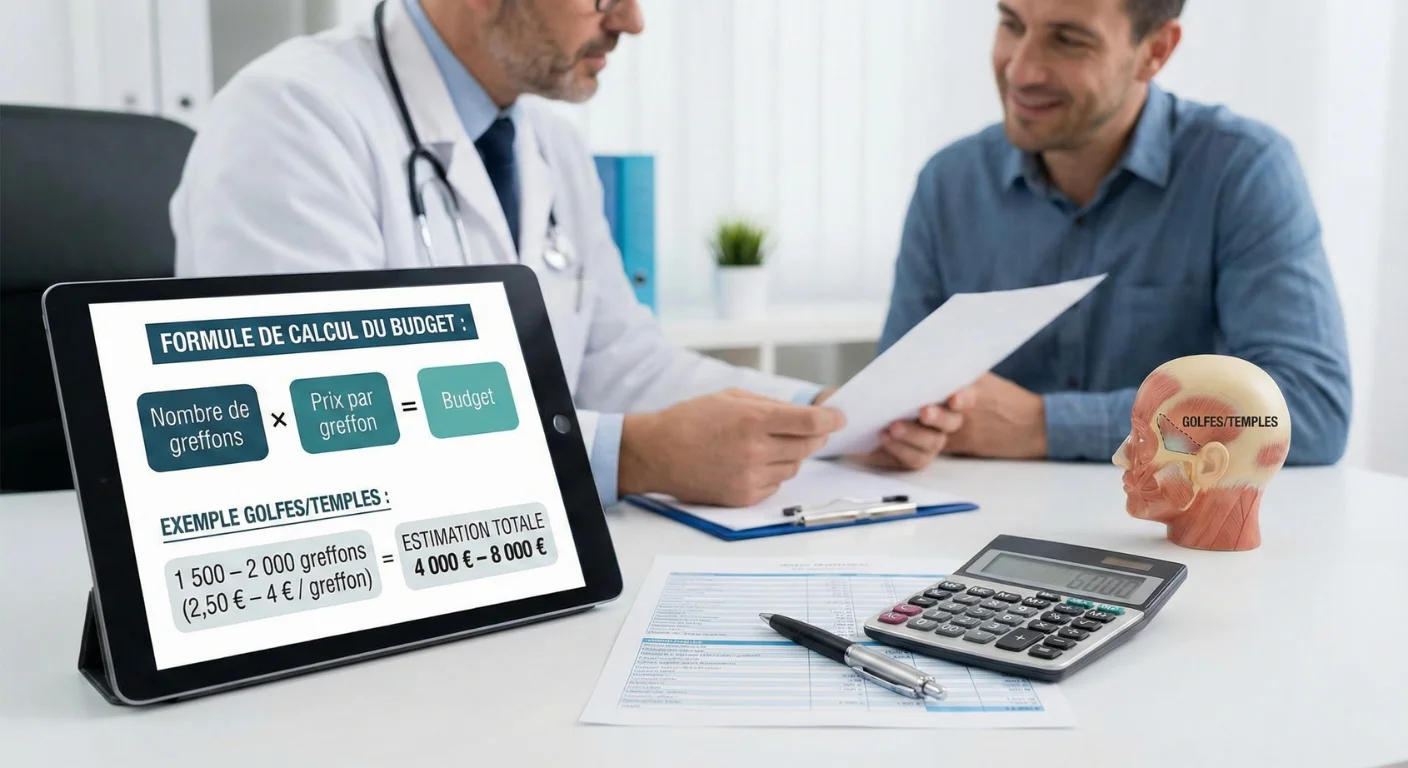 Consultation médicale pour une greffe de cheveux. Une tablette au premier plan affiche la Formule de calcul du budget basée sur le nombre de greffons, avec un exemple d'estimation pour les golfes (tempes) située entre 4 000 € et 8 000 €.