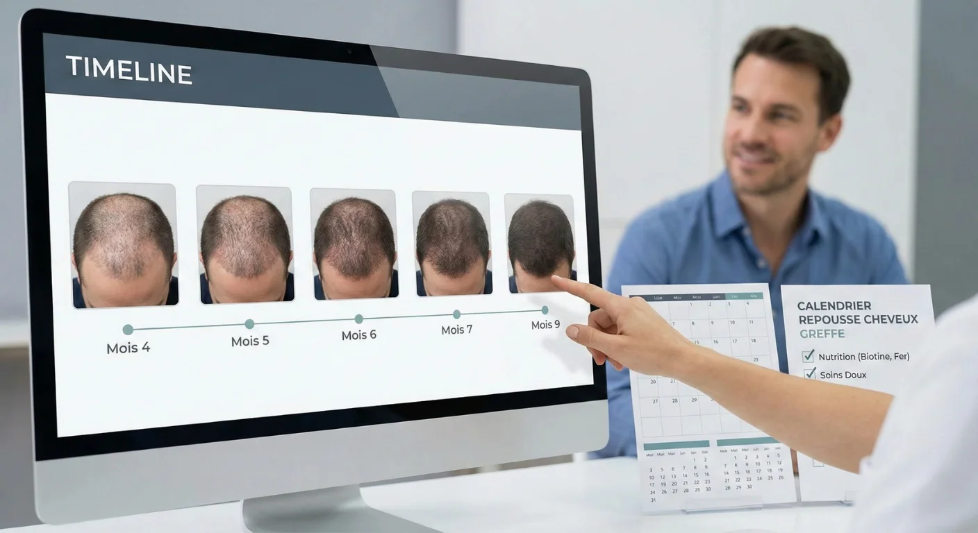 Calendrier de repousse montrant l'évolution de la densité capillaire après une greffe de cheveux, du 4ème au 9ème mois, sur un écran d'ordinateur. Un spécialiste pointe le résultat final avec un patient satisfait en arrière-plan.