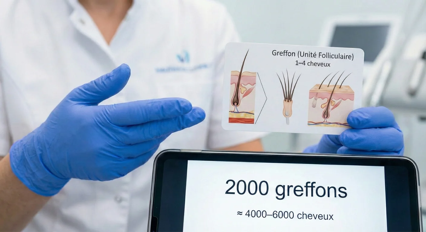 Médecin expliquant la structure d'une unité folliculaire à l'aide d'un schéma et d'un écran numérique montrant l'équivalence entre 2000 greffons et le nombre réel de cheveux.