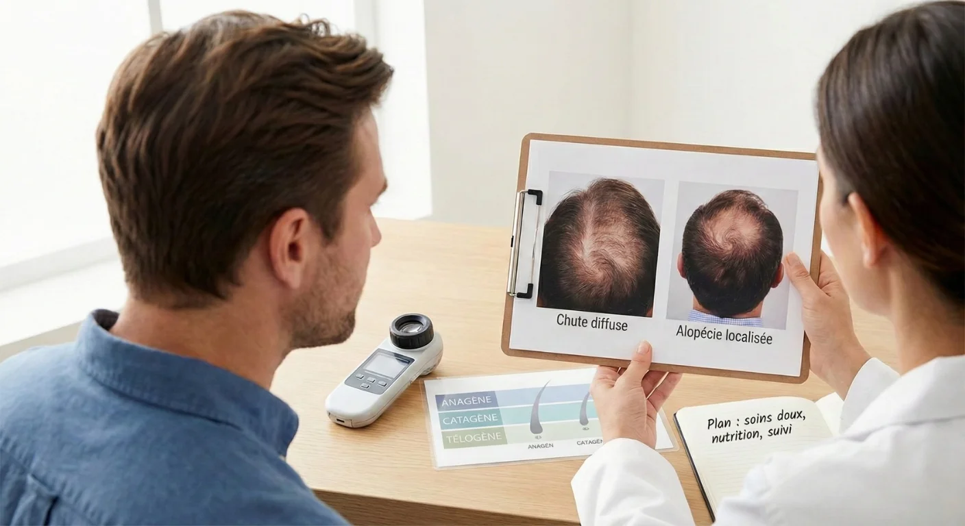 Un dermatologue explique la différence entre la Chute diffuse et l'Alopécie localisée à un patient masculin, en utilisant un porte-bloc avec des photos comparatives et un plan de traitement axé sur les soins doux et la nutrition.