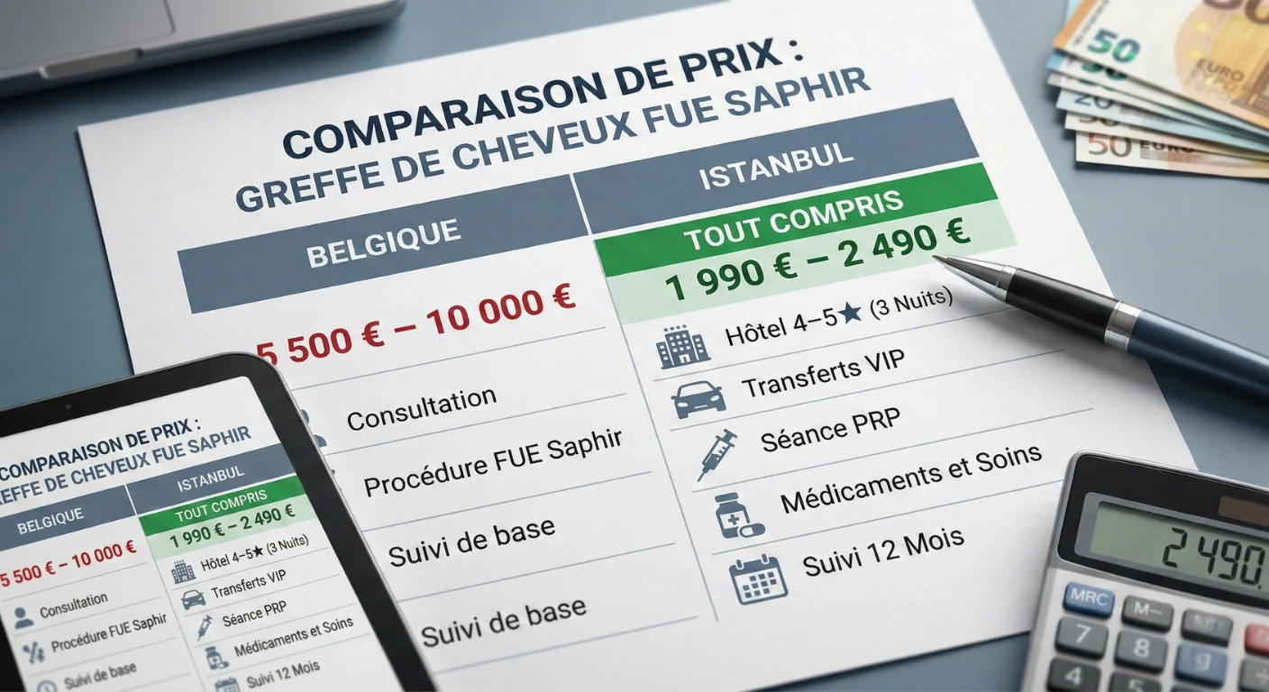 Infographie sur un bureau montrant un tableau comparatif des prix pour une greffe de cheveux FUE Saphir. Le tableau compare les coûts entre la Belgique (5 500 € - 10 000 € pour la procédure de base) et Istanbul (1 990 € - 2 490 € pour un forfait tout compris incluant hôtel, transferts, PRP, médicaments et suivi). Une tablette, une calculatrice affichant le prix d'Istanbul et des billets en euros sont également visibles.