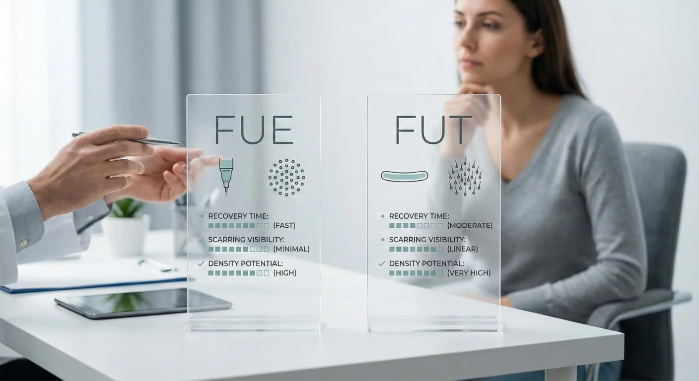 Comparaison visuelle des techniques de greffe de cheveux FUE et FUT sur des panneaux transparents lors d'une consultation médicale avec une patiente.