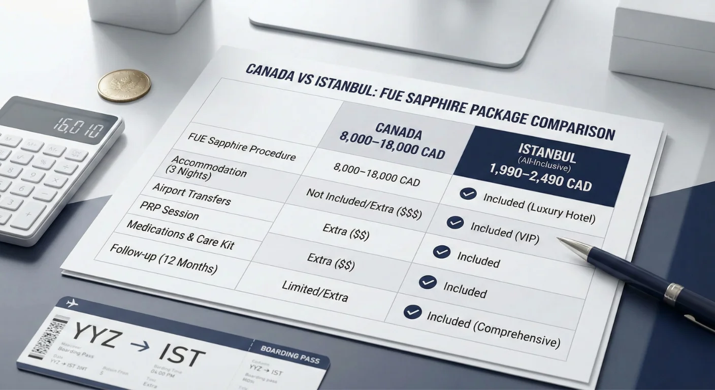 Tableau comparatif sur un bureau montrant les prix d'un forfait de greffe de cheveux FUE Saphir. Le Canada est listé entre 8 000 $et 18 000$ CAD avec des services en supplément, tandis qu'Istanbul propose un forfait tout compris (hôtel de luxe, transferts VIP, PRP, médicaments, suivi) entre 1 990 $et 2 490$ CAD. Une calculatrice, une pièce de monnaie canadienne et une carte d'embarquement YYZ-IST sont également visibles.
