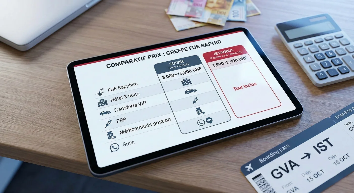 Tablette affichant un tableau comparatif des prix pour une greffe de cheveux FUE Saphir. La Suisse est estimée entre 8 000 et 15 000 CHF, tandis qu'Istanbul propose un forfait tout compris entre 1 990 et 2 490 CHF. Des billets en francs suisses, une calculatrice et une carte d'embarquement GVA-IST sont posés sur le bureau.