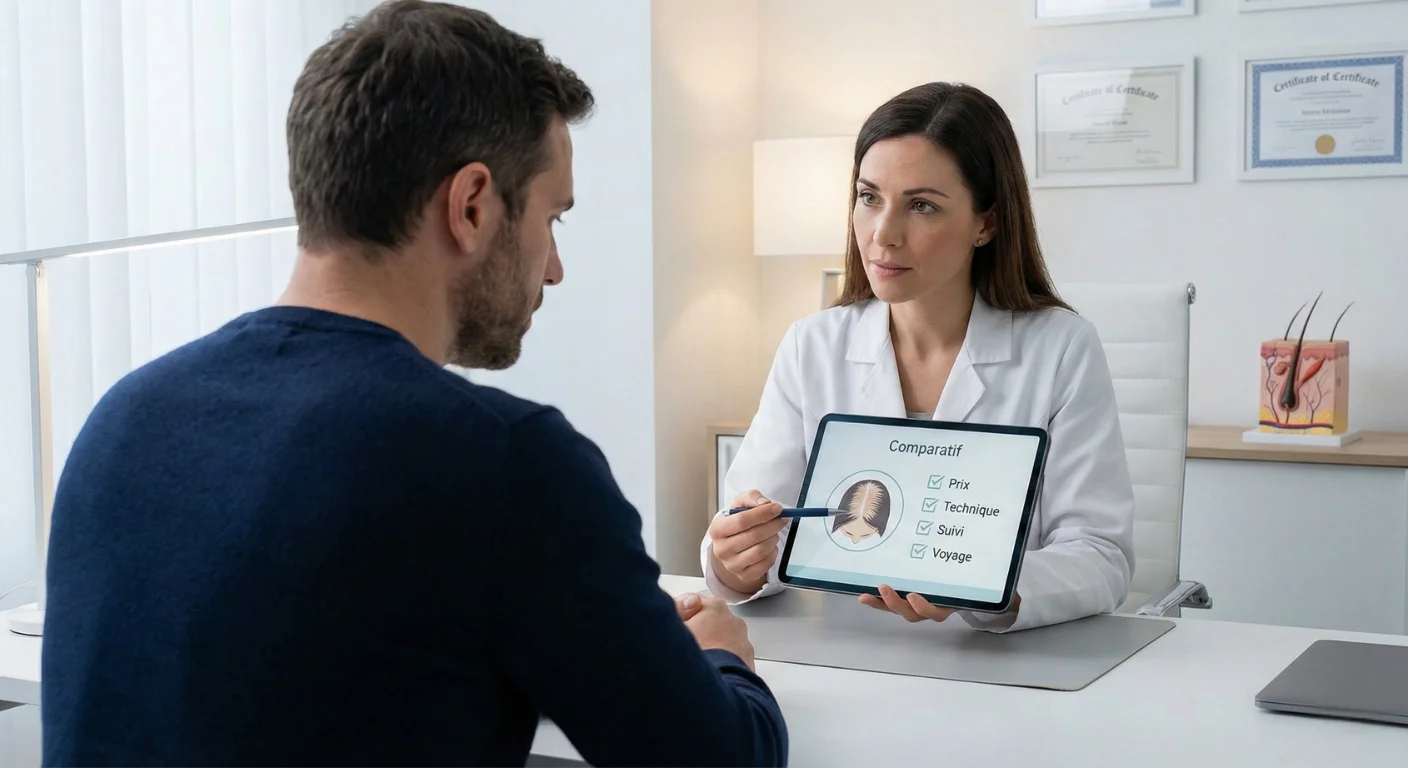Une consultation médicale pour une greffe de cheveux : une femme médecin montre à un patient masculin une tablette affichant un comparatif des critères Prix, Technique, Suivi et Voyage, avec un schéma du cuir chevelu. L'environnement est une clinique moderne.