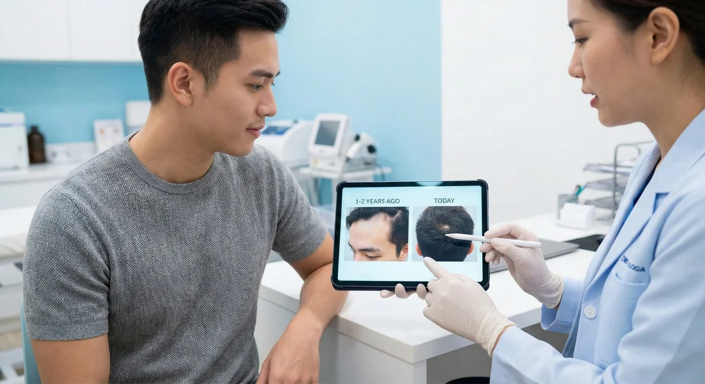 Un dermatologue montre à un jeune patient l'évolution de sa ligne capillaire et de son vertex sur une tablette numérique comparant des photos actuelles et anciennes.