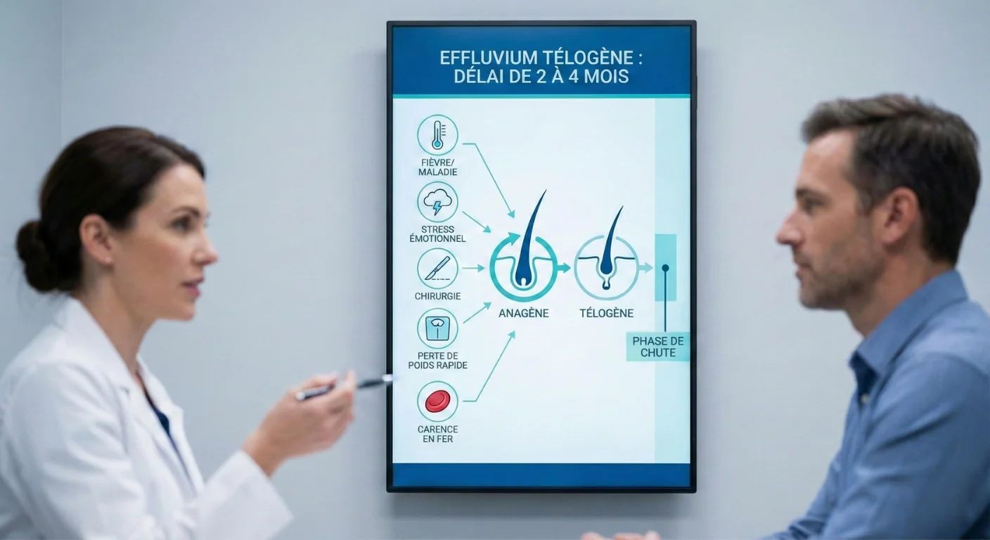 Un dermatologue explique les causes et le délai de 2 à 4 mois de l'effluvium télogène à un patient à l'aide d'un écran montrant un diagramme du cycle capillaire et ses facteurs déclenchants.