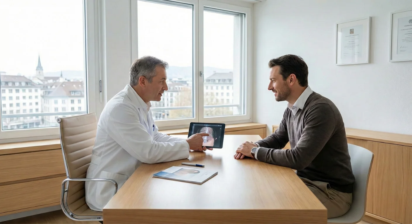 Consultation médicale dans une clinique suisse haut de gamme : un dermatologue analyse la densité capillaire d'un patient sur une tablette numérique dans un bureau moderne et lumineux.