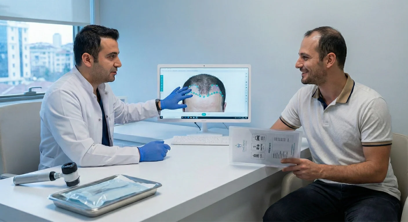 Consultation médicale pour une greffe de cheveux dans une clinique moderne en Turquie. Un médecin explique la procédure sur écran à un patient international souriant, tandis que des documents sur les forfaits tout compris (hôtel, transferts, clinique) sont visibles sur le bureau.
