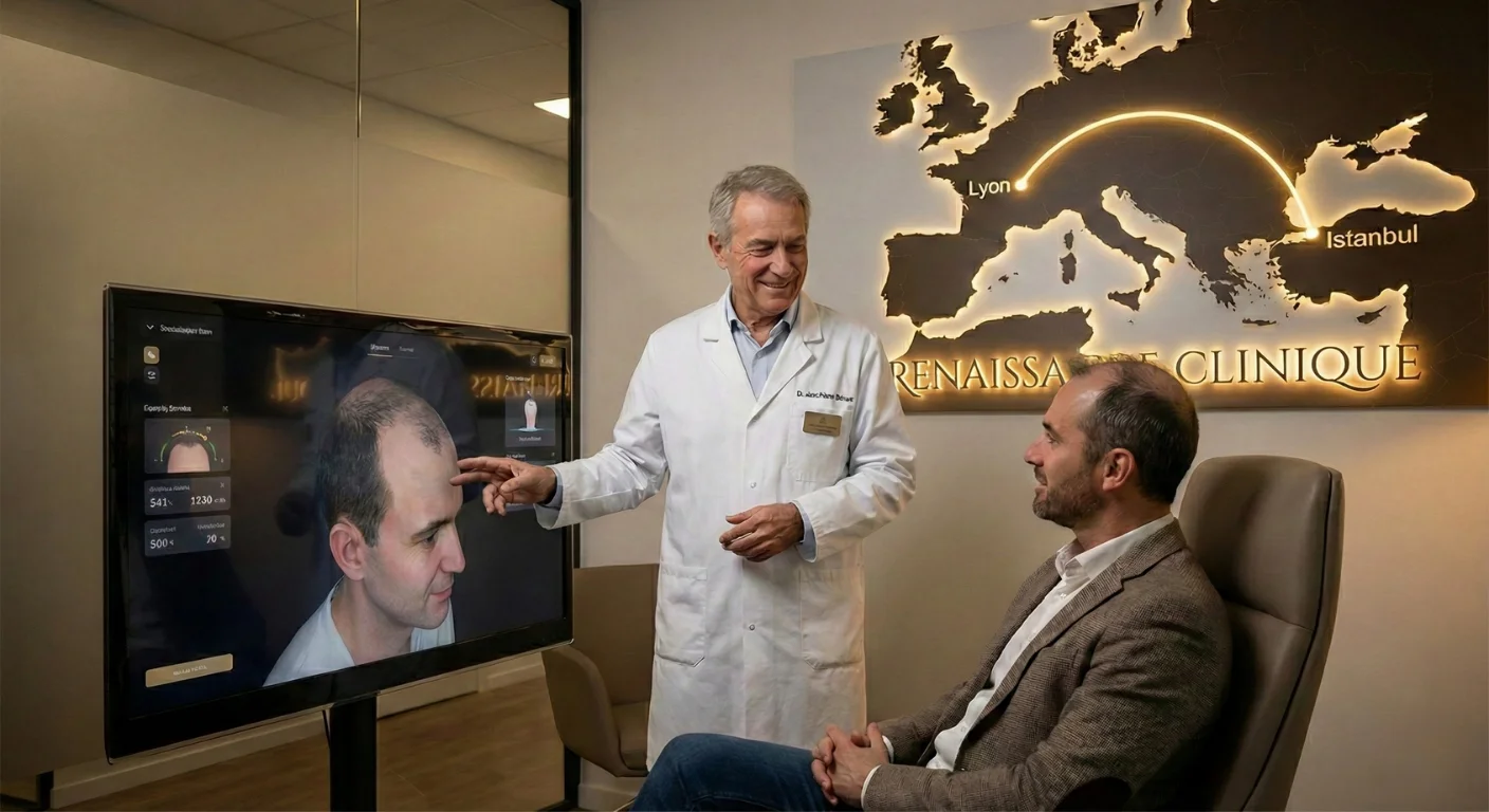 Un médecin de Renaissance Clinique à Lyon explique une simulation 3D de greffe de cheveux sur un écran à un patient souffrant d'alopécie. En arrière-plan, une carte murale relie symboliquement Lyon et Istanbul.