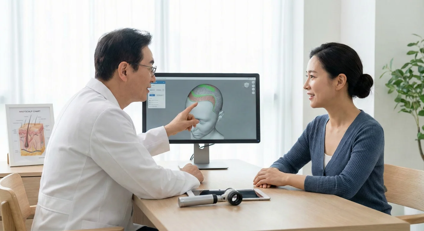 Médecin en train d'expliquer un plan de greffe de cheveux sur un écran d'ordinateur à une patiente lors d'une consultation.