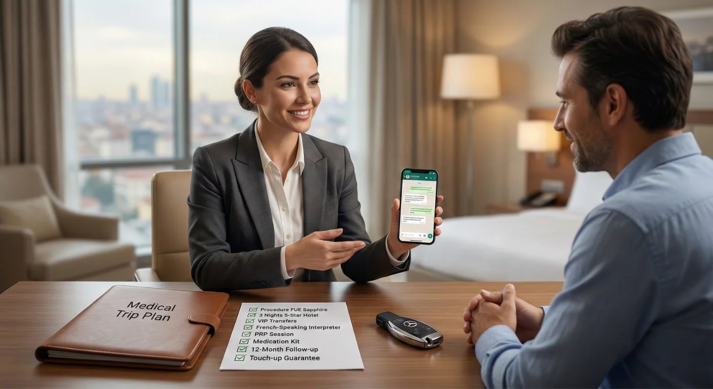 Dans une chambre d'hôtel de luxe avec vue sur Istanbul, une coordinatrice médicale francophone souriante explique les détails du plan de voyage médical "tout compris" à un patient via un téléphone montrant WhatsApp. Sur la table, une liste de contrôle cochée indique : procédure FUE Saphir, hôtel 5 étoiles (3 nuits), transferts VIP (clé de voiture Mercedes visible), interprète francophone, séance PRP, kit de médicaments, suivi de 12 mois et garantie de retouche.