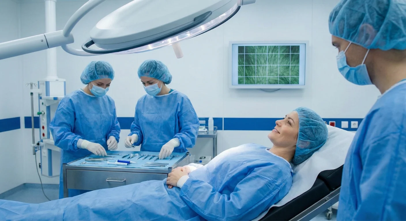 Patiente détendue et souriante allongée sur une table d'opération stérile, entourée par une équipe médicale professionnelle préparant les instruments pour une greffe de cheveux.