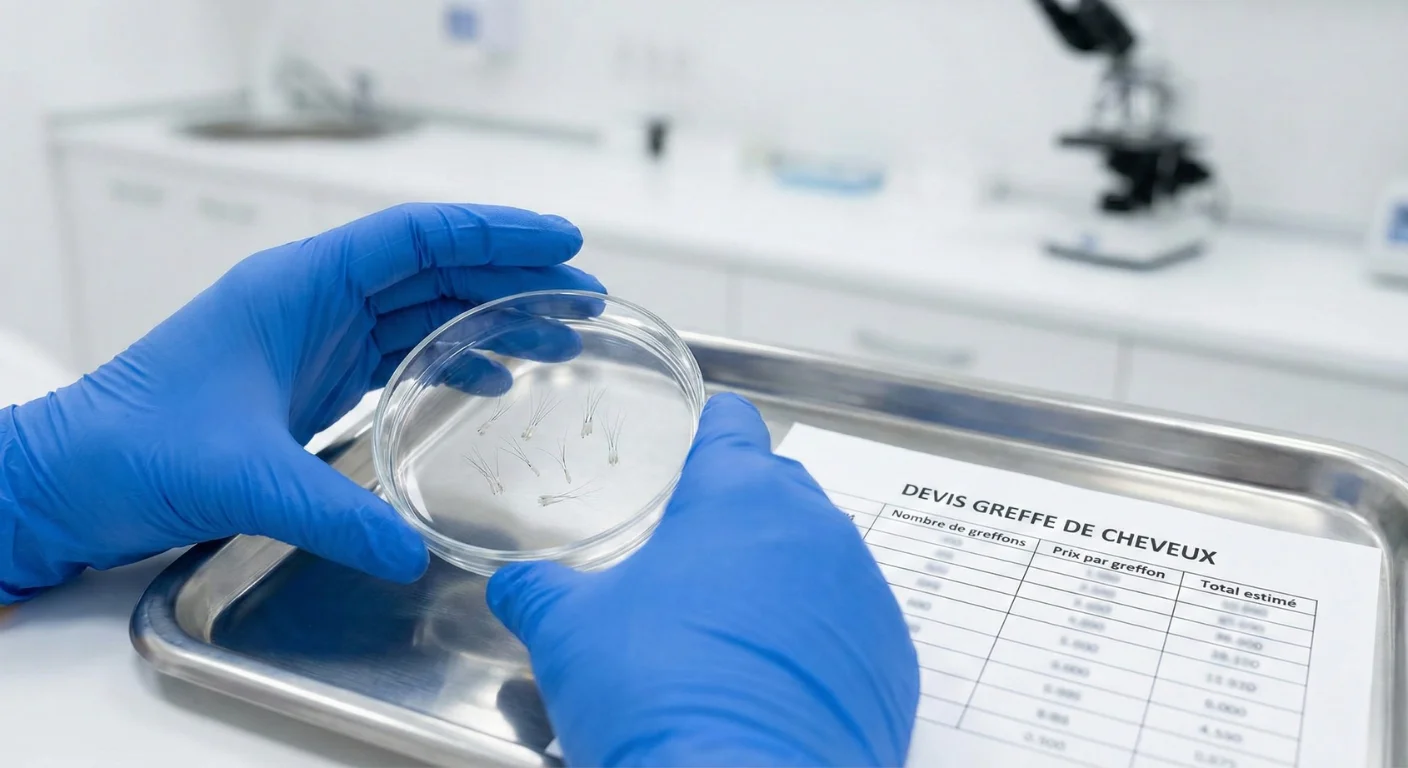 Mains gantées tenant une boîte de Pétri avec des greffons capillaires au-dessus d'un devis de greffe de cheveux dans un laboratoire clinique.