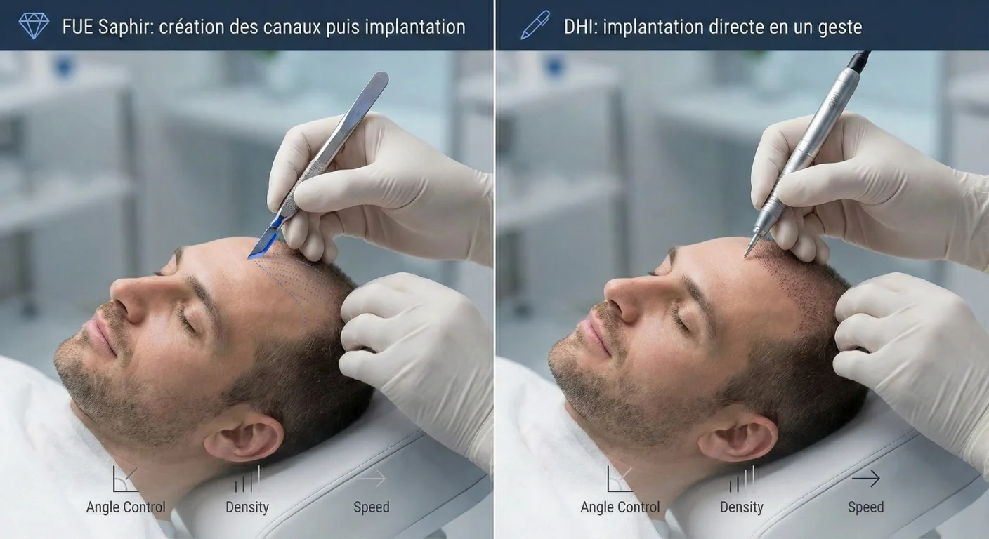Image comparative montrant la différence d'implantation : ouverture des canaux avec lame Saphir (gauche) contre implantation directe avec stylo DHI (droite) sur un patient.