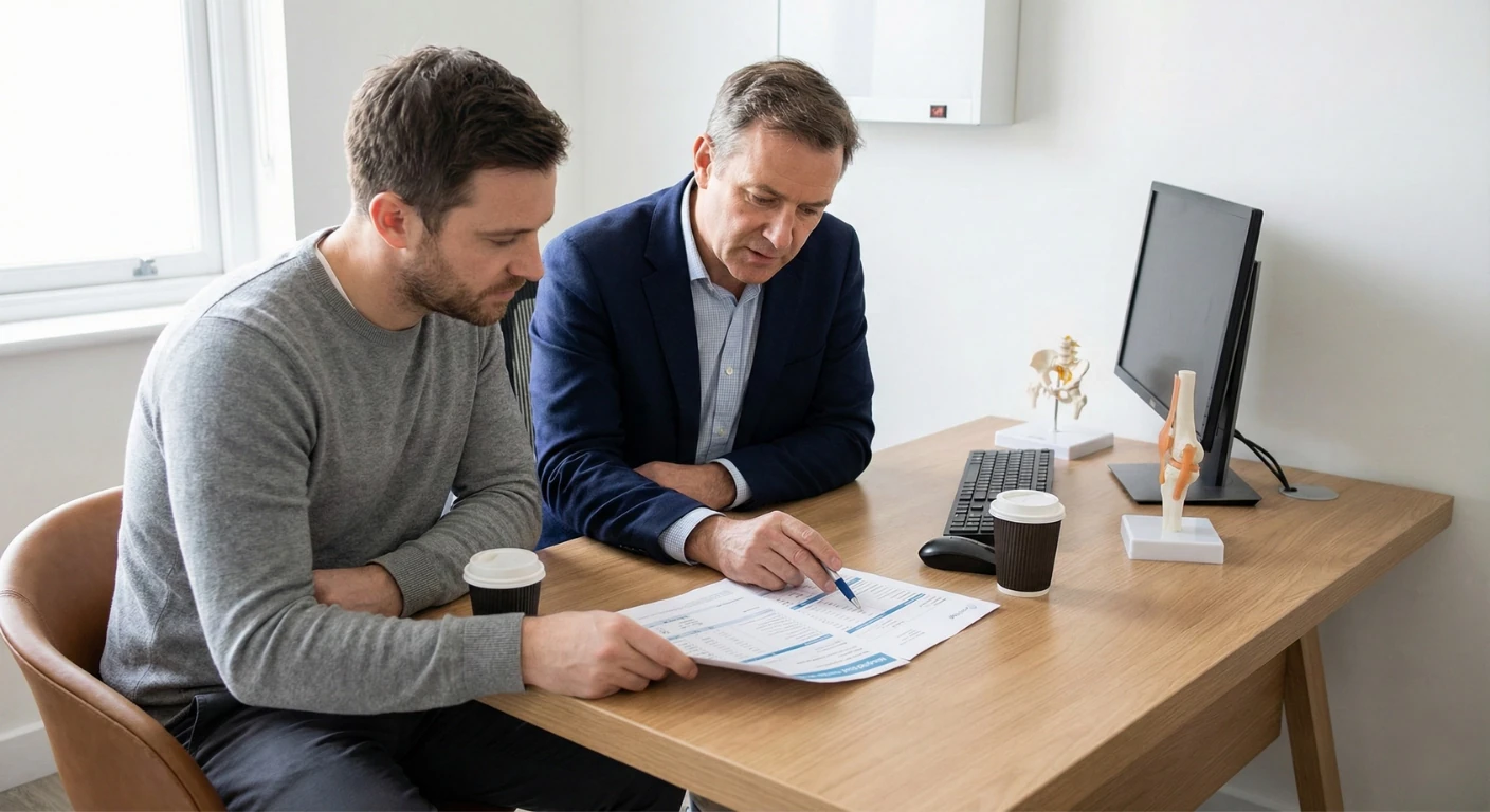 Patient masculin et consultant en clinique assis à un bureau, examinant et discutant ensemble un devis médical détaillé. Le consultant pointe des éléments sur le document avec un stylo.