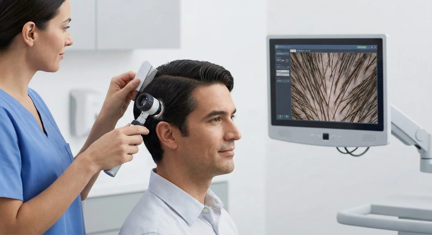 Spécialiste effectuant une analyse microscopique de la zone donneuse d'un patient à l'aide d'un trichoscope pour évaluer la densité folliculaire sur écran