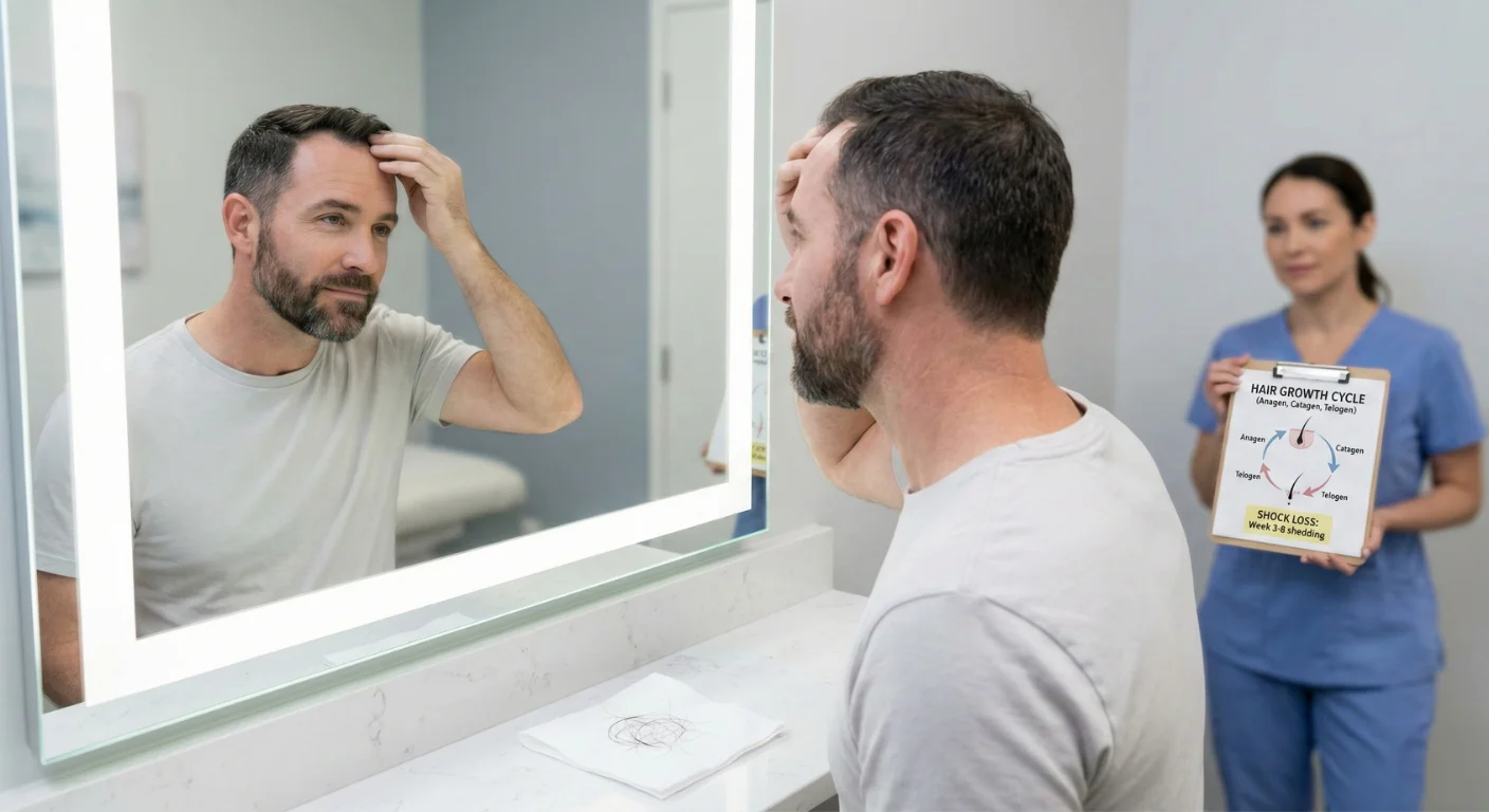 Patient rassuré devant un miroir observant la chute temporaire (shock loss) après une greffe de cheveux, avec une spécialiste en arrière-plan expliquant le cycle de repousse capillaire.