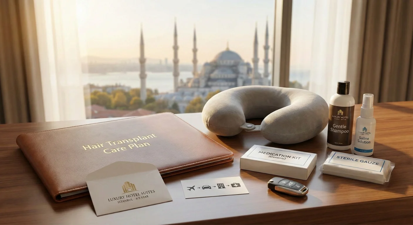 Photo montrant un ensemble complet pour une greffe de cheveux à Istanbul, posé sur une table d'hôtel avec une vue sur la ville. L'ensemble comprend un plan de soins en cuir, une carte-clé d'hôtel 4/5 étoiles, des détails sur le transfert VIP, un oreiller cervical, ainsi que des médicaments et produits de soins post-opératoires.