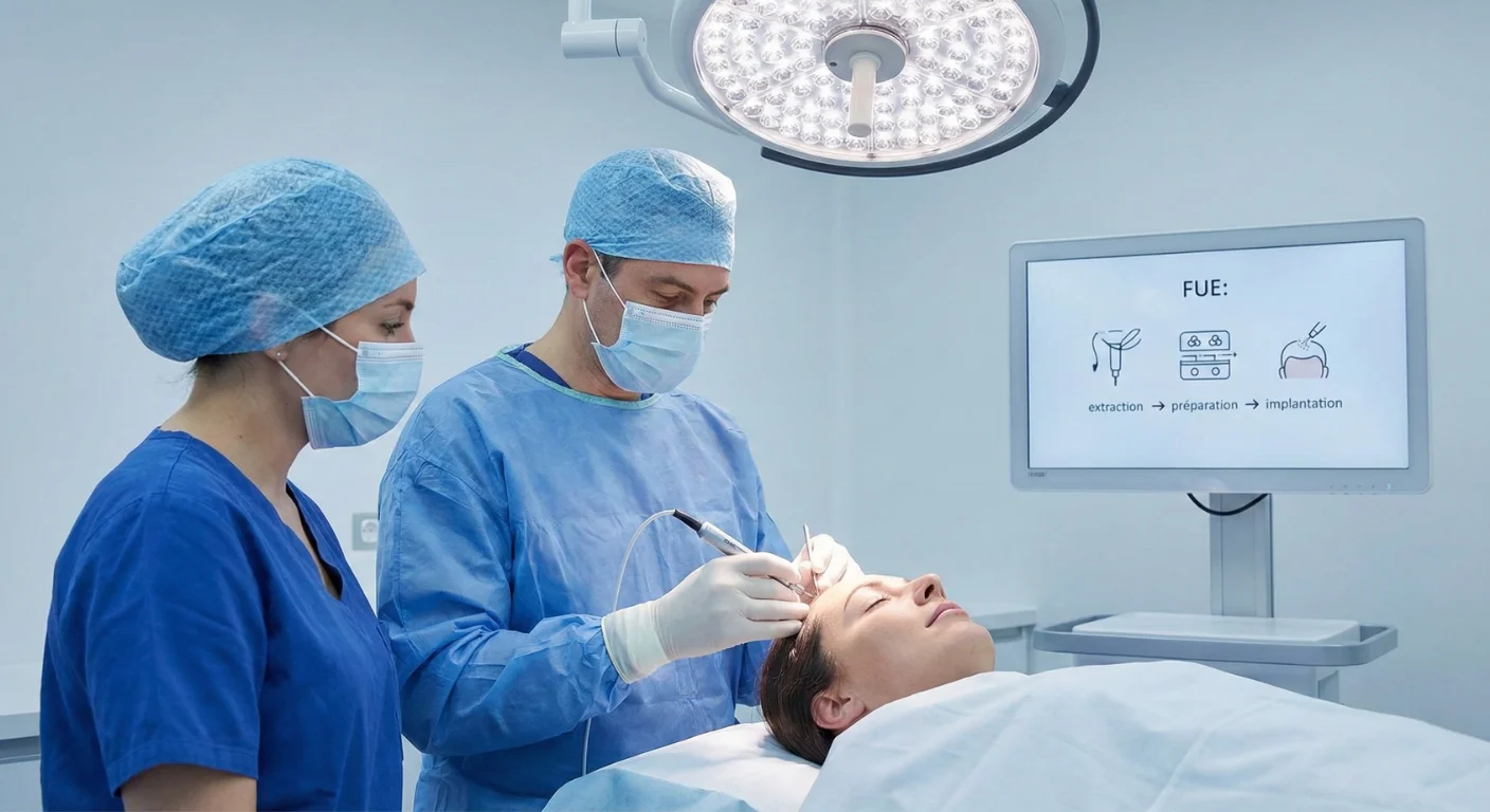 Un chirurgien capillaire et son assistante, portant des tenues stériles, effectuent une greffe de cheveux FUE sur une patiente allongée dans un bloc opératoire moderne. Un écran en arrière-plan affiche les étapes de la procédure FUE.
