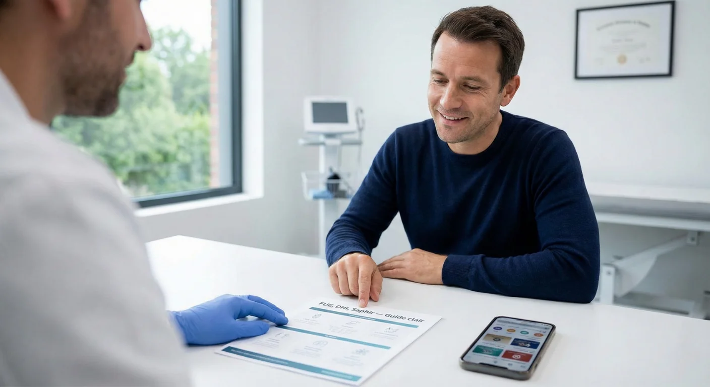 Patient rassuré examinant un guide explicatif sur les méthodes FUE, DHI et Saphir avec un expert capillaire, dissipant la confusion des recherches en ligne.