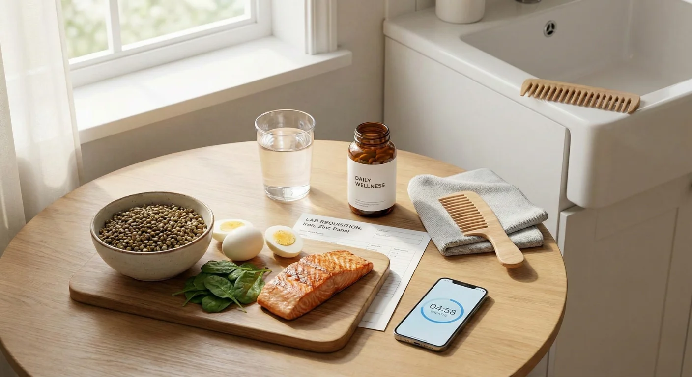 Nature morte bien-être illustrant les habitudes anti-chute de cheveux : aliments riches en protéines et fer (saumon, œufs, lentilles), peigne à dents larges pour un démêlage doux, formulaire d'analyse sanguine et application de gestion du stress sur smartphone.