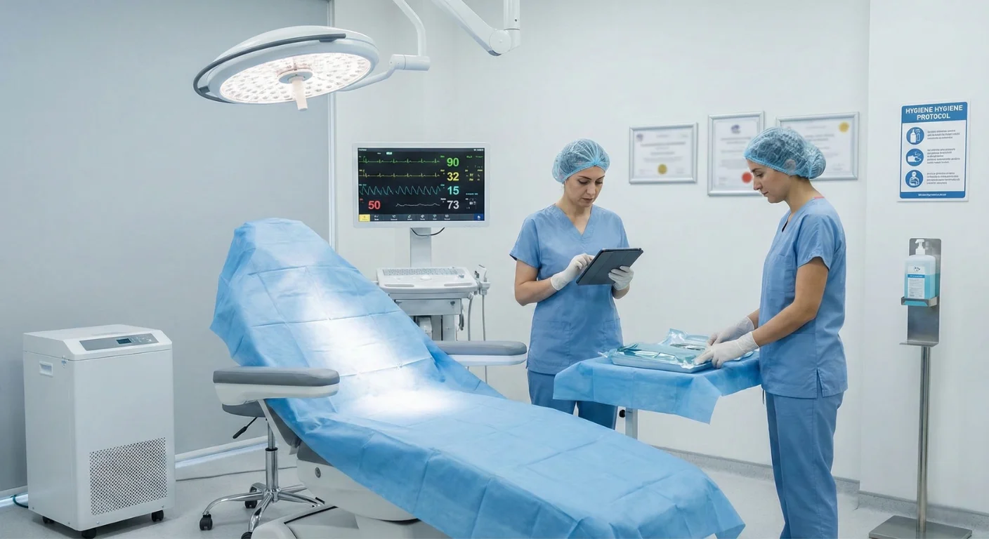 Salle de traitement ultra-moderne dans une clinique en Turquie, équipée de systèmes de filtration d air et de moniteurs de signes vitaux, avec une équipe médicale préparant une intervention stérile selon les standards internationaux.